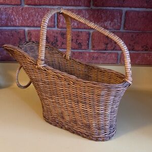 Vintage Mid-century Wicker Bohemian Wine Bottle Carrier Handle Basket
